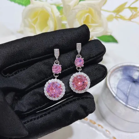 Crystal Circle Pink Stone Earring Necklace Set  (3 pcs)